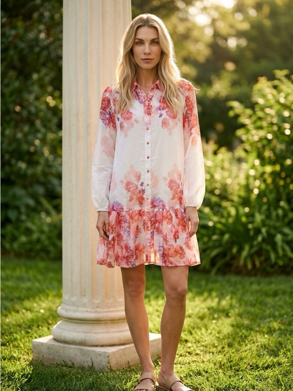 Rosie Posie Floral Button-Front Shirt Dress in White and Coral size large